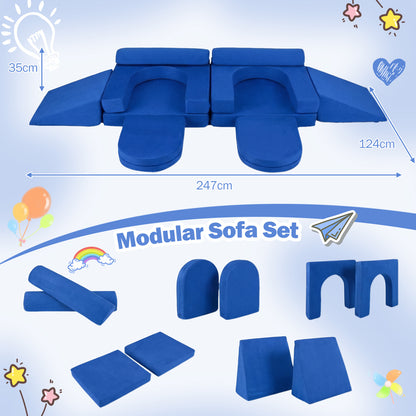 Navy blue modular sofa set with dimensions and individual pieces laid out separately