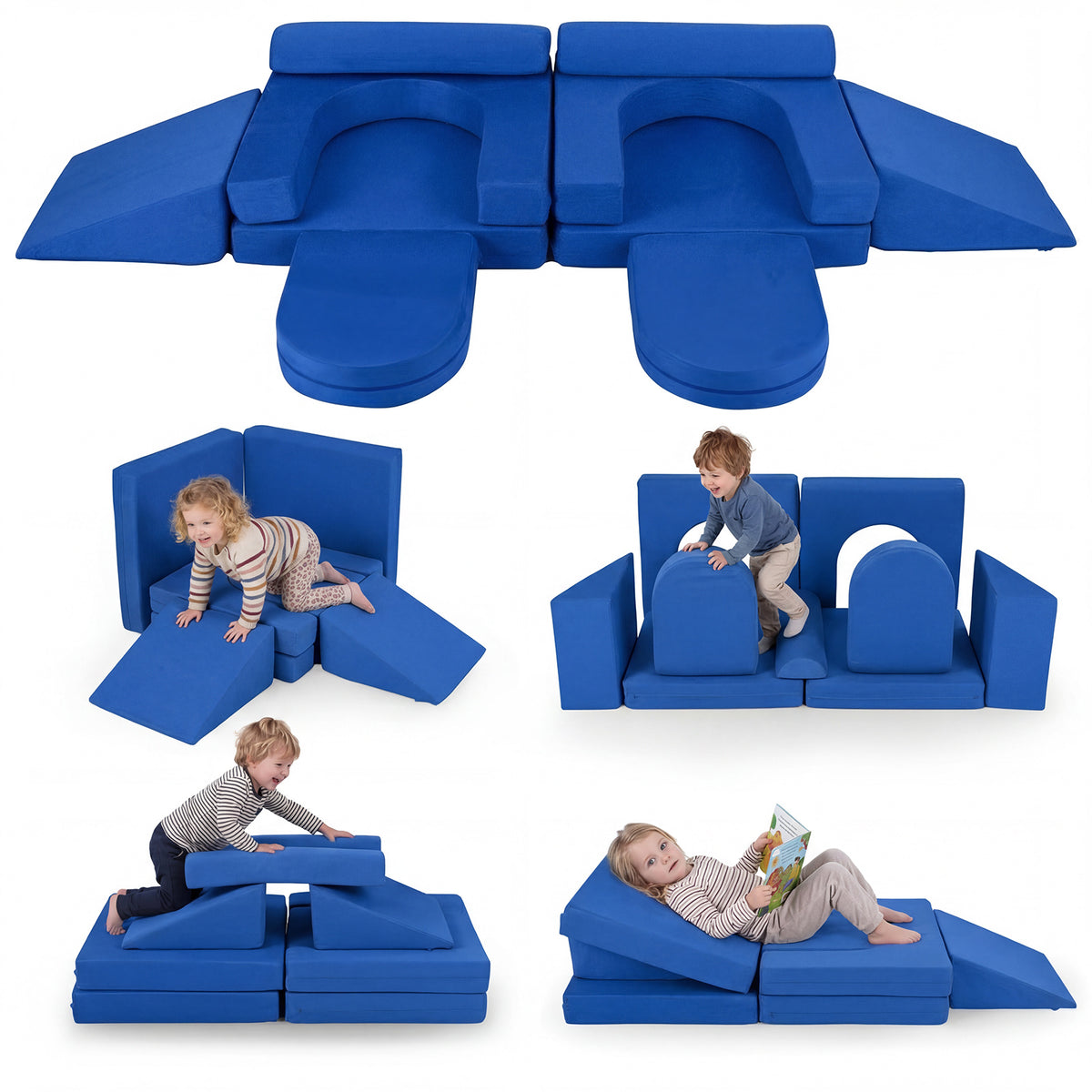 Several navy blue soft play set configurations with children climbing and sitting on them