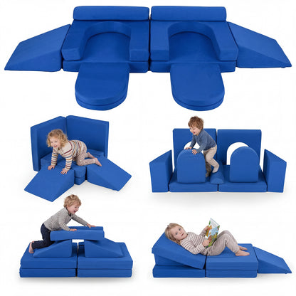 Several navy blue soft play set configurations with children climbing and sitting on them
