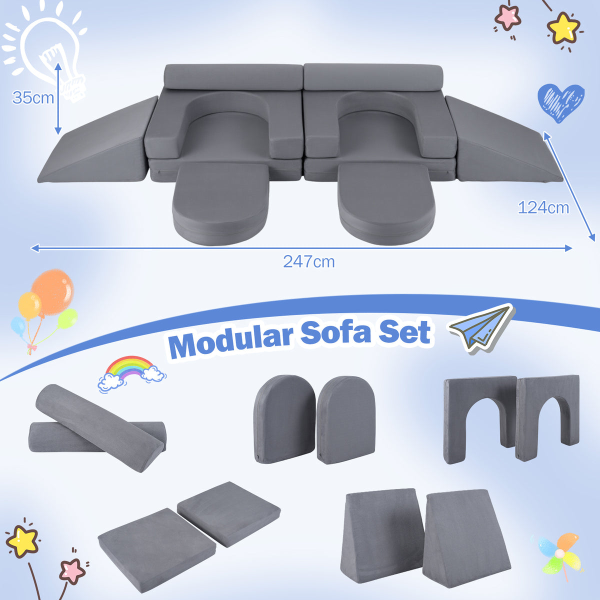 The soft play set with dimensions and individual foam pieces displayed on a blue background