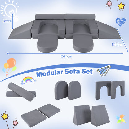 The soft play set with dimensions and individual foam pieces displayed on a blue background