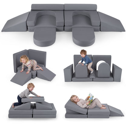 The soft play set shown in multiple configurations with children climbing and sitting on it