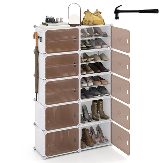 10 Tier Shoe Storage Cabinet with Removable Shelves showing shoes on each shelf