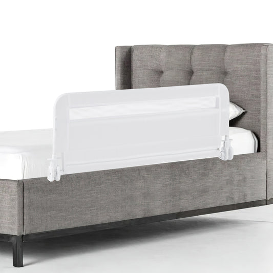 100 CM/120 CM Foldable Baby Bed Rail attached to a bed with a grey headboard