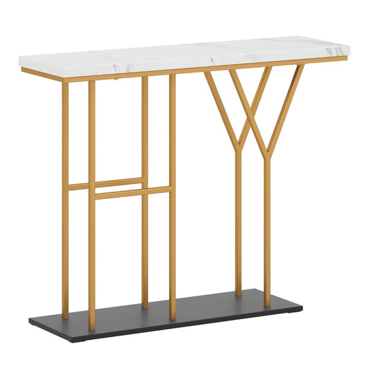 100 CM Console Table with a white marble effect top and gold metal frame on a black base