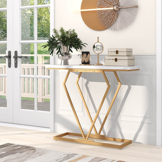 The console table placed in a bright hallway with decorative items on the surface