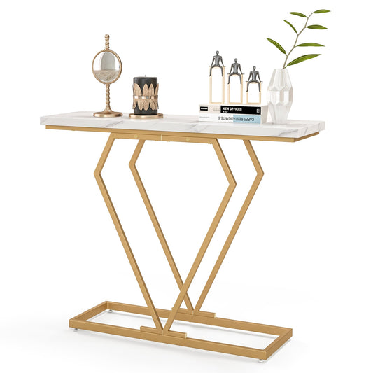100 cm Gold Console Table with a white marble effect top and a gold geometric frame