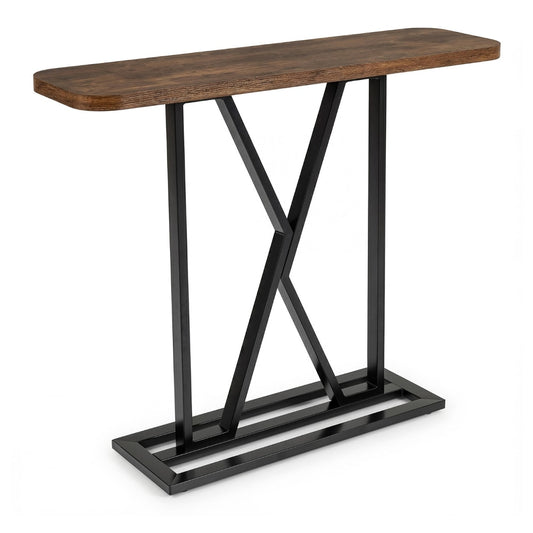 100 cm Rectangular Console Table with Geometric Metal Frame in rustic brown wood effect and black metal