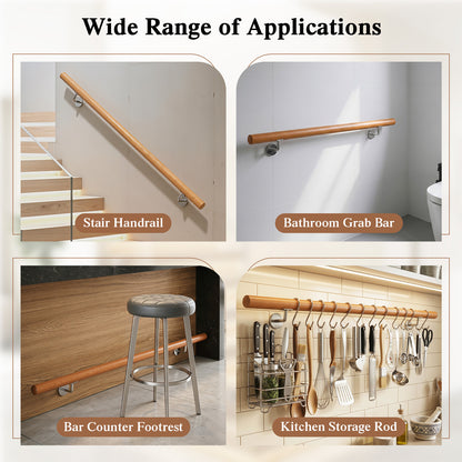 Collage showing applications of the stair railing as a bathroom grab bar and kitchen rod