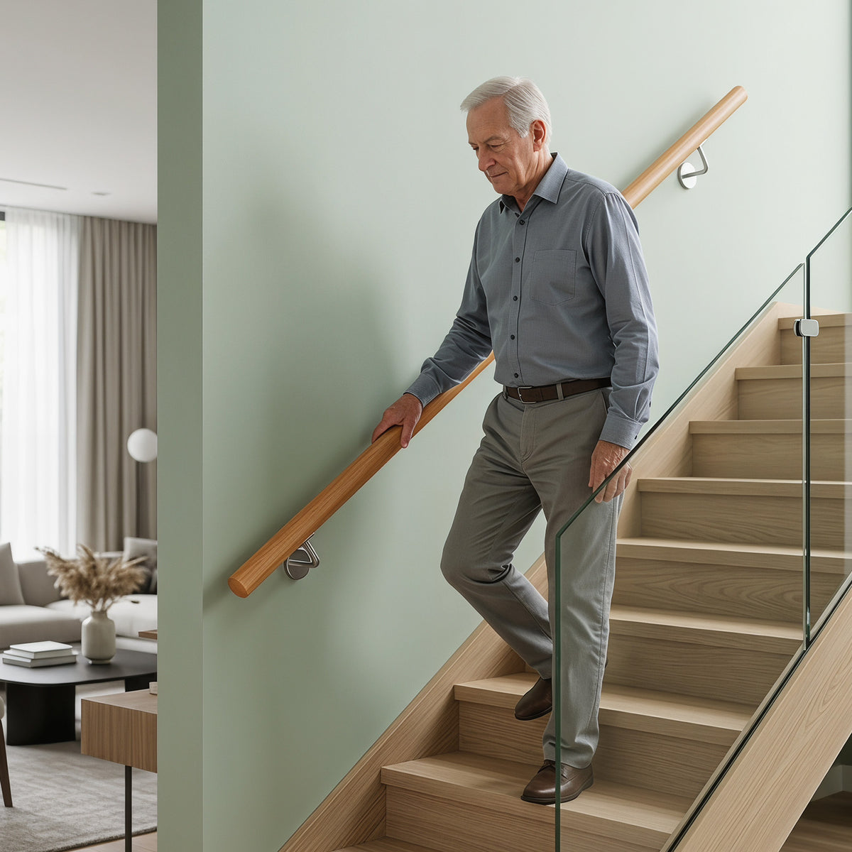 An elderly man using the indoor stair railing for support while descending stairs