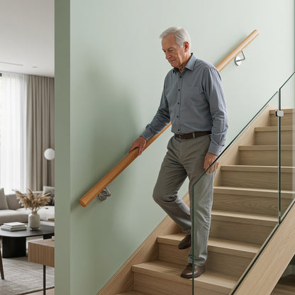 An elderly man using the indoor stair railing for support while descending stairs