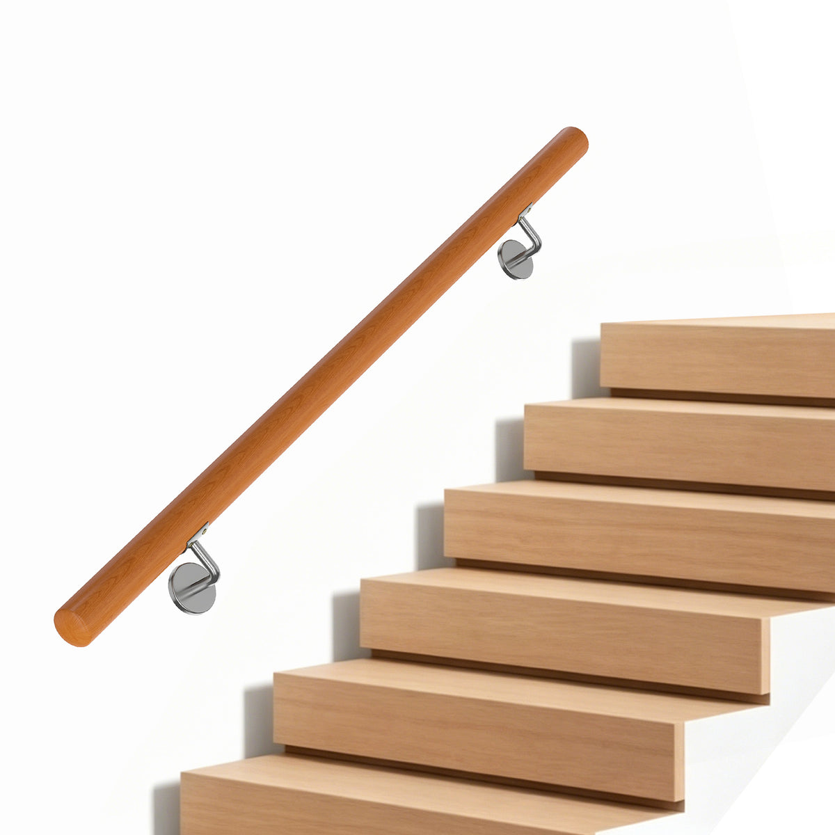 The indoor stair railing mounted on a wooden staircase against a white wall