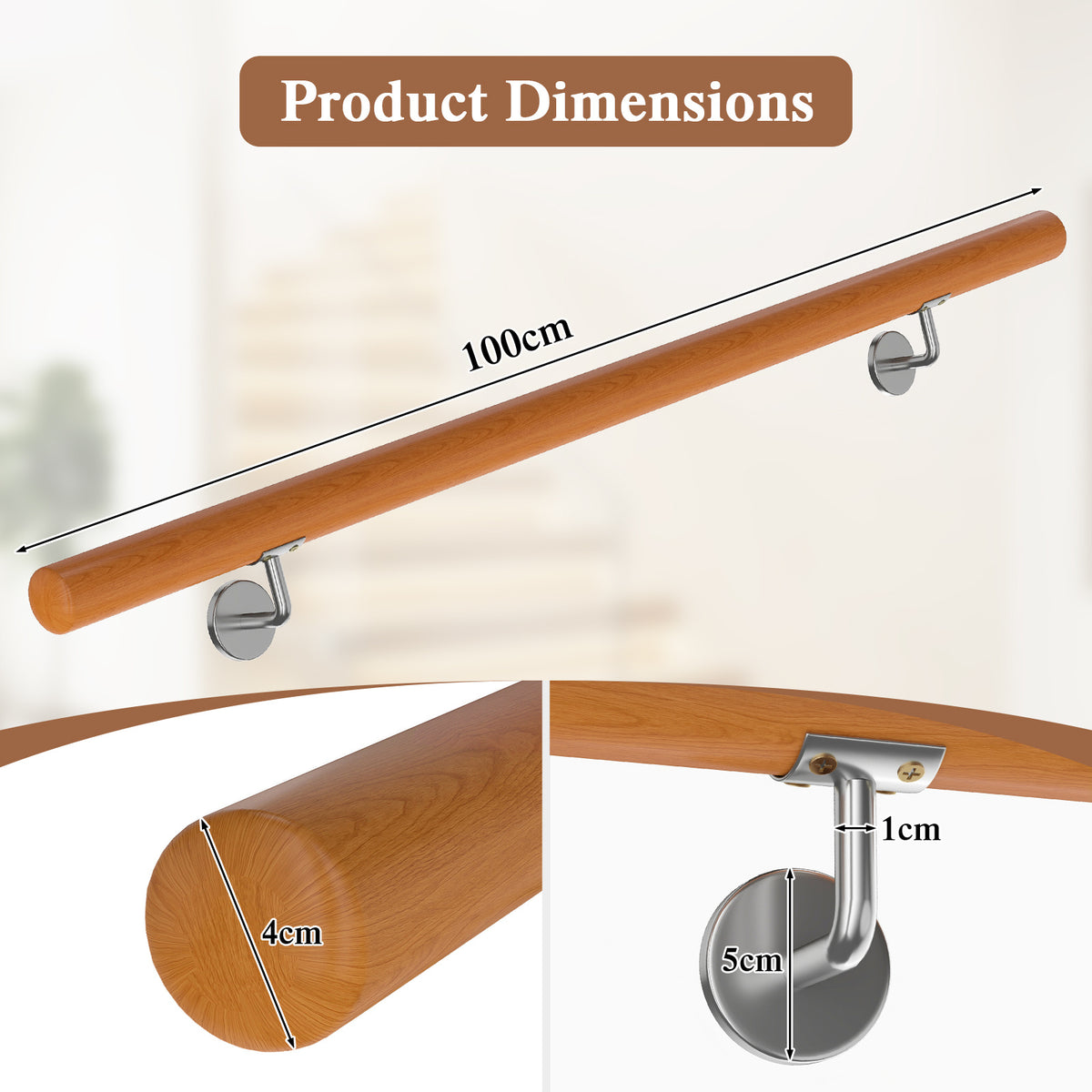 Product dimensions diagram showing the 100 cm length and bracket details of the stair railing