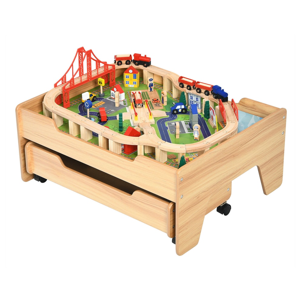 100 Pcs Kid's Wooden Train Railway Track Set Table with bridge, buildings and trains on a play surface