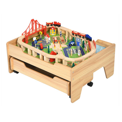 100 Pcs Kid's Wooden Train Railway Track Set Table with bridge, buildings and trains on a play surface