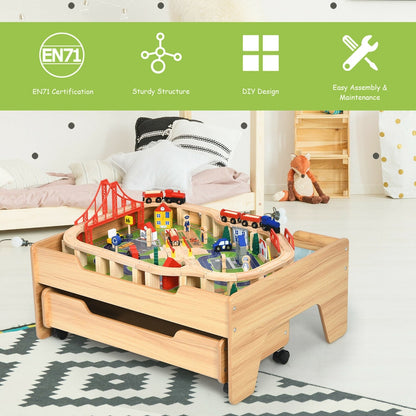Wooden train railway track set table with certifications and features highlighted