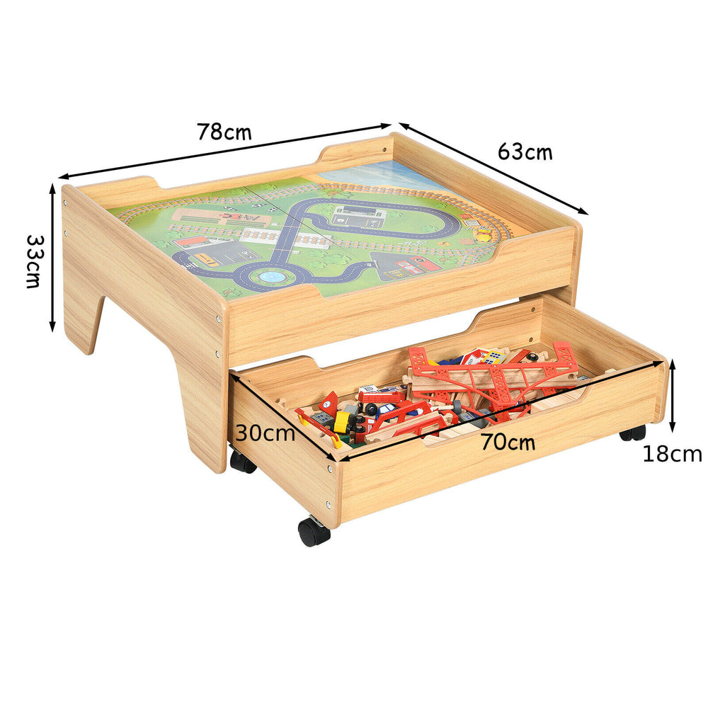 Dimensions of the wooden train railway track set table and its storage drawer