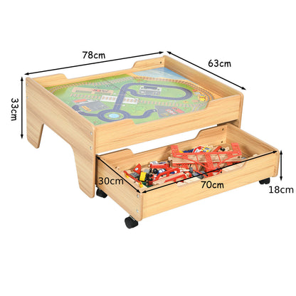 Dimensions of the wooden train railway track set table and its storage drawer