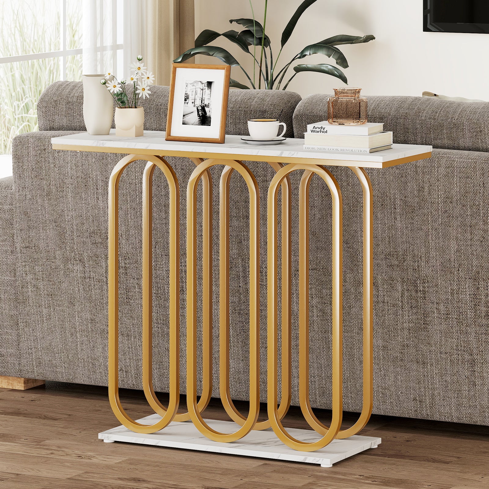 100 CM Faux Marble Entryway Table with Adjustable Foot Pads-White