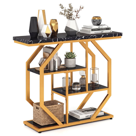100CM 4-Tier Modern Entryway Table with black marble shelves and gold metal frame on white background