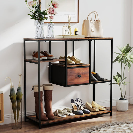 The console table in a hallway, used for storing shoes and bags
