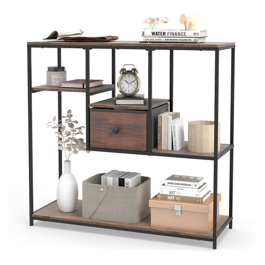100CM Console Table with a drawer and four shelves, rustic brown finish