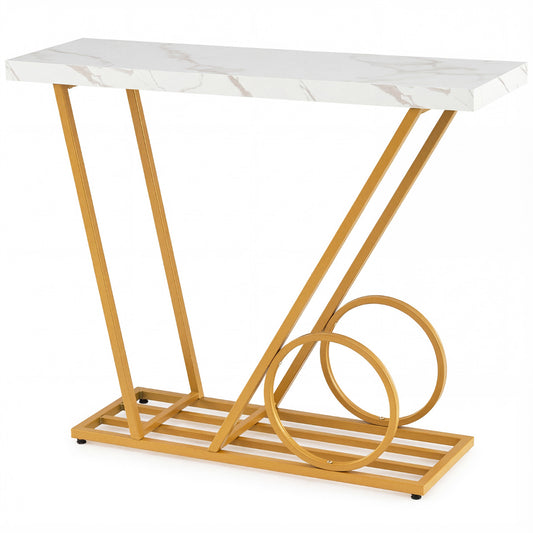 100CM Modern Faux Marble Console Table with Cart-inspired Design, white top and gold frame with circular accents