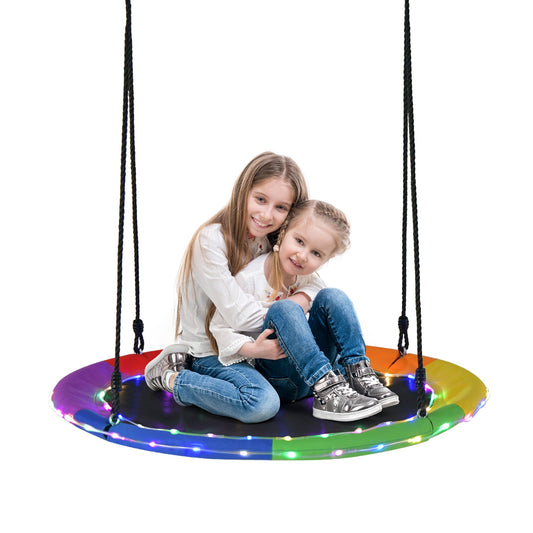 100cm Round Hanging Tree Swing Seat with LED Light with two girls sitting on it