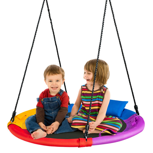 100cm Round Saucer Tree Swing with Pillow & Handle, two children sitting on the colourful swing