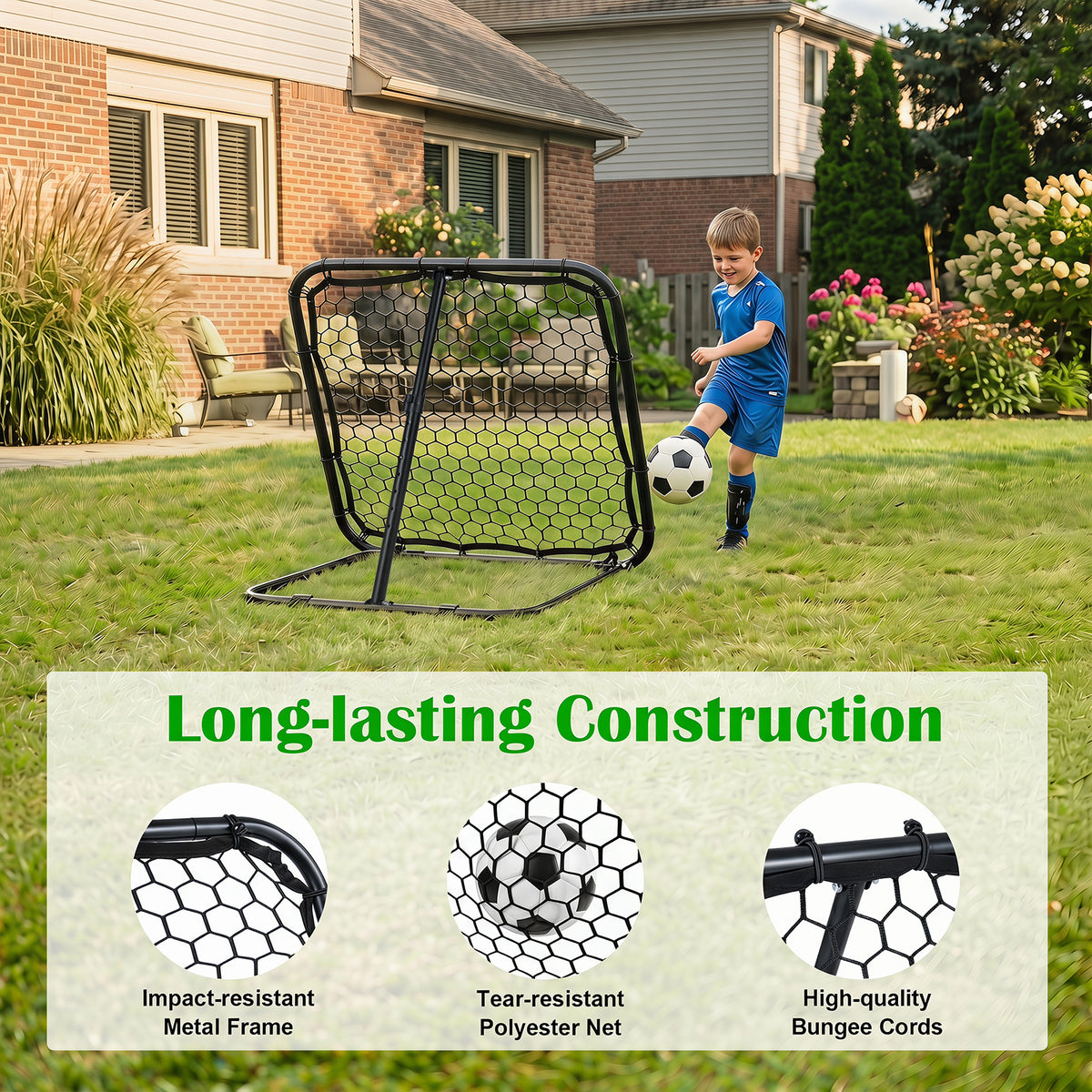 Close up of the football rebounder showing its metal frame and net