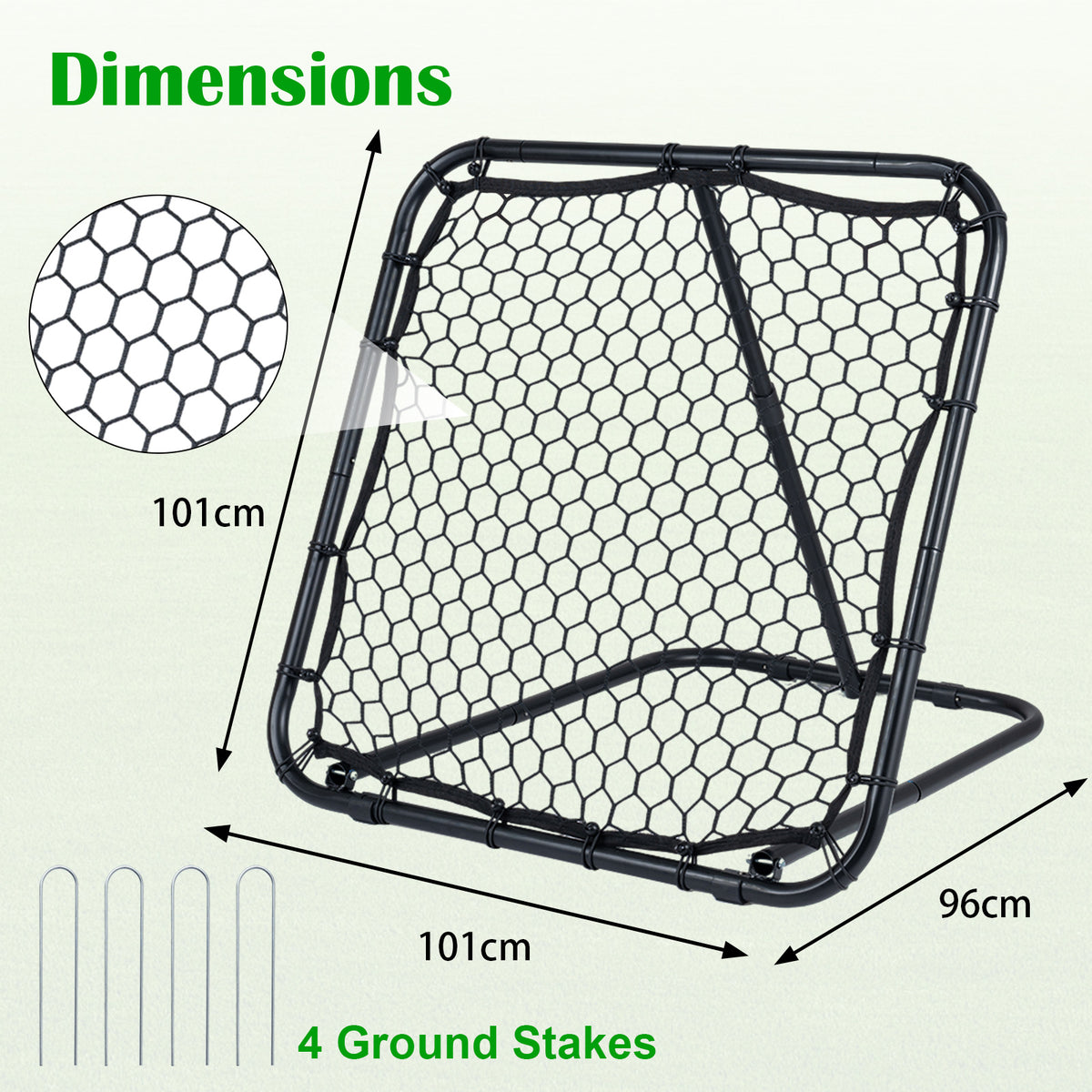 Dimensions diagram of the football rebounder showing size and stakes