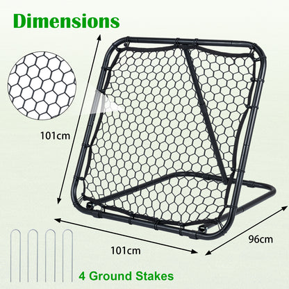 Dimensions diagram of the football rebounder showing size and stakes