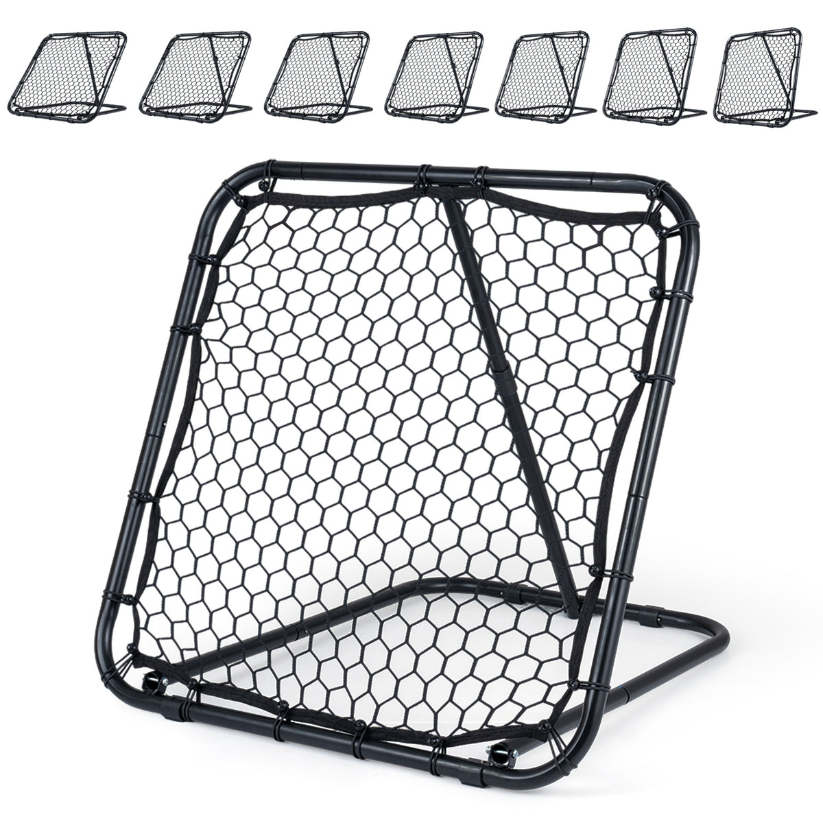 The sports equipment rebounder shown from the front with seven angle options displayed above