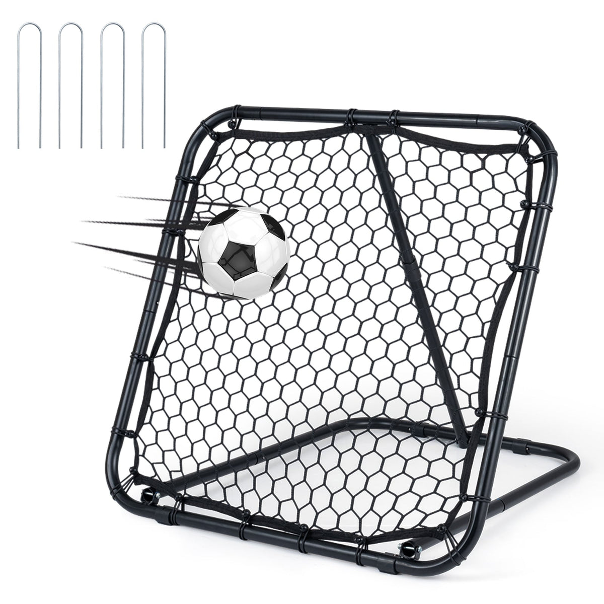Football Rebounder with a football mid-air hitting the net
