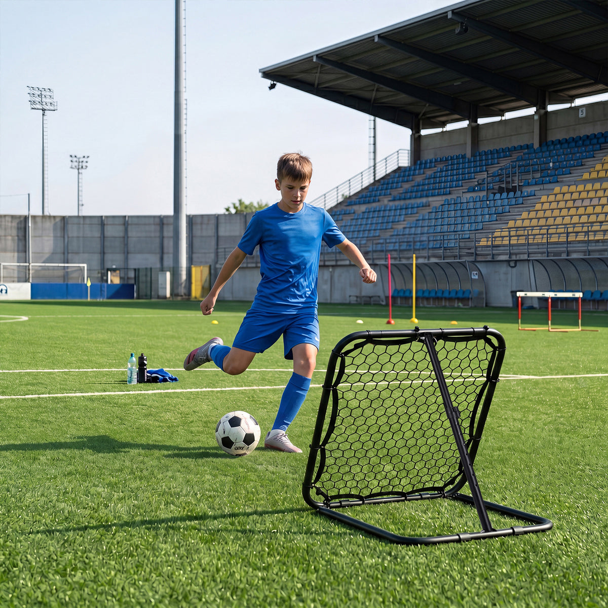 Young boy training with the football rebounder on a sports pitch