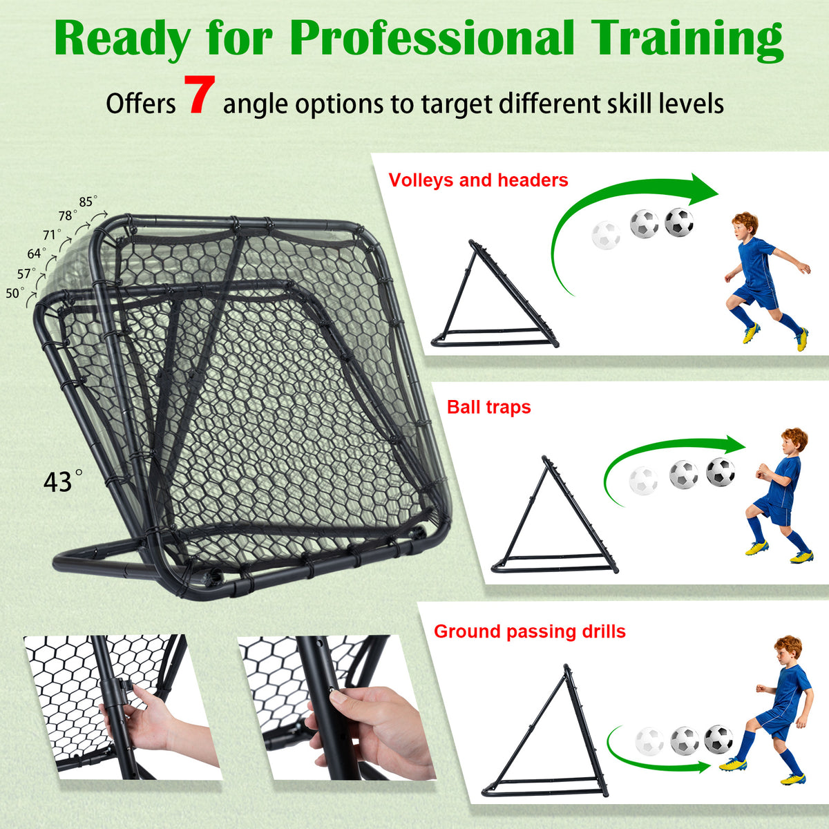 The football training rebounder with text and graphics explaining different skill drills