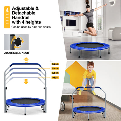 The blue trampoline with adjustable and detachable handrail shown with different height settings