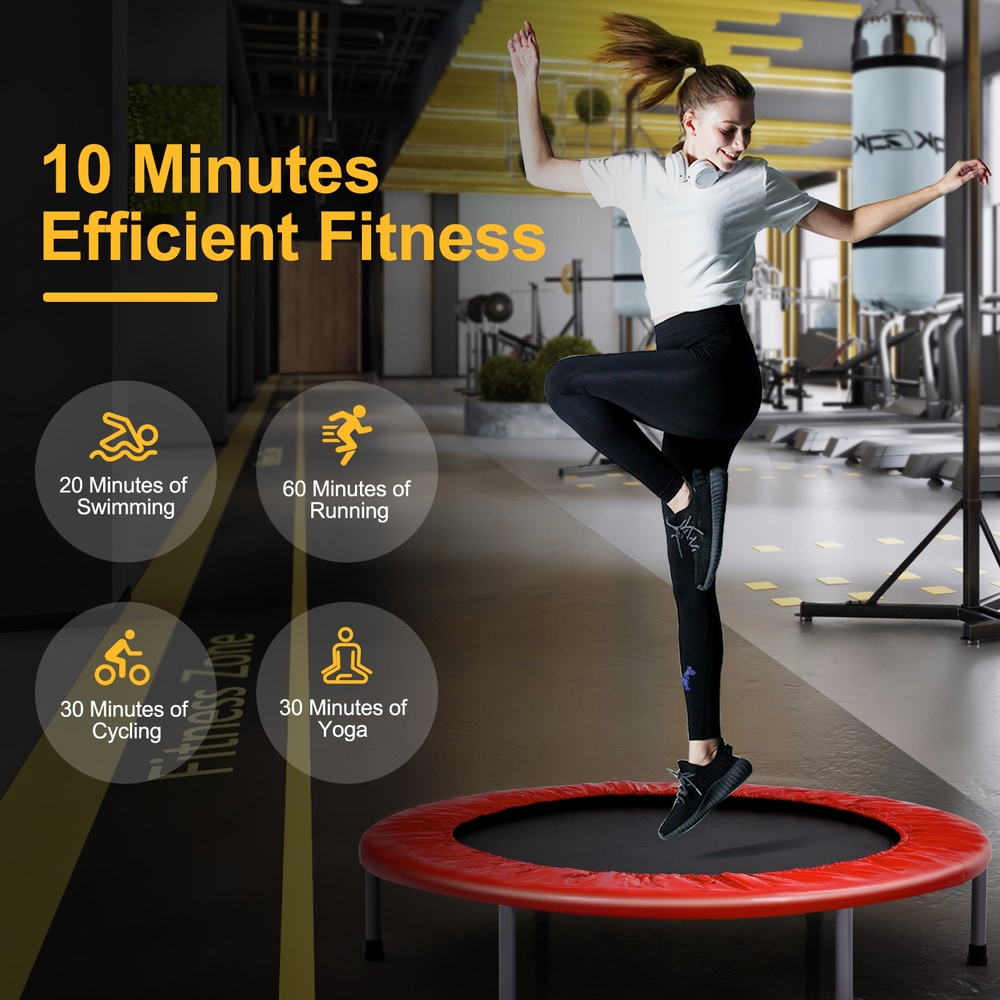Graphic showing benefits of using the red trampoline for fitness