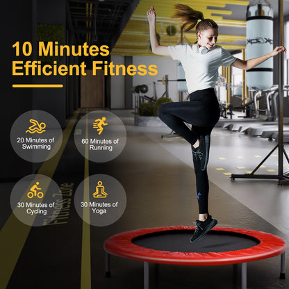 Graphic showing benefits of using the red trampoline for fitness