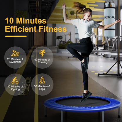 The blue trampoline in use with text overlay about efficient fitness