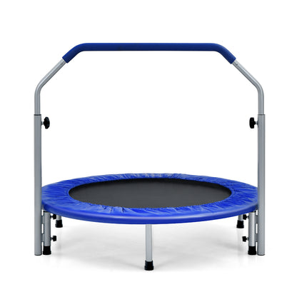 101cm Foldable Trampoline with 4-Level Adjustable Handle for Adults-Blue, a blue trampoline with a silver frame and