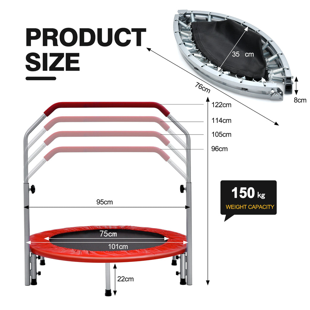 Diagram showing the size and weight capacity of the red trampoline