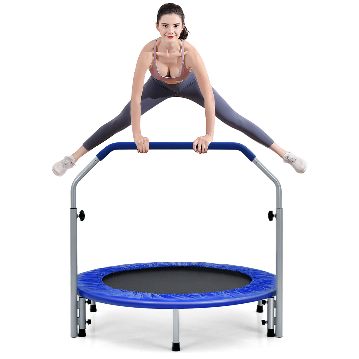 The blue trampoline with an adjustable handle being used by a woman