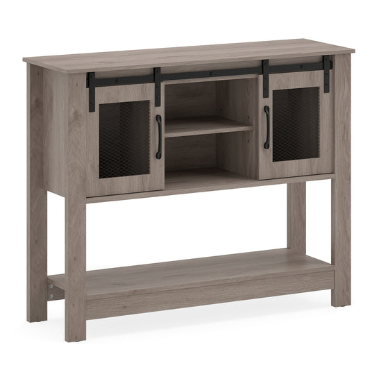 102CM Small Entryway Table with Barn Sliding Doors grey console table with two shelves and sliding doors