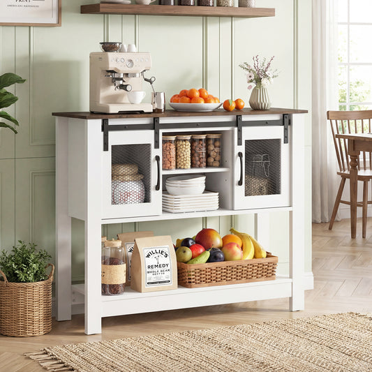 The console table styled in a kitchen with a coffee machine and fruit basket on top