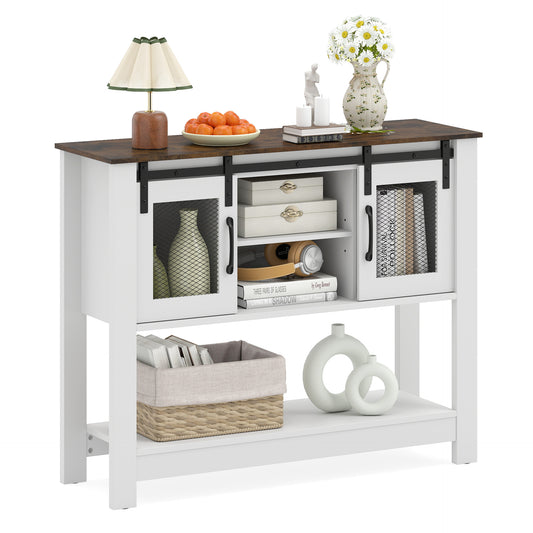 102CM Small Entryway Table with Barn Sliding Doors-Rusticbrown, a white console table with a rustic brown top and barn