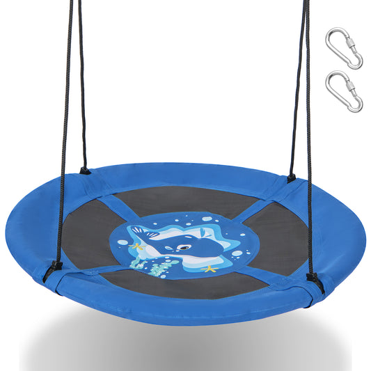 104 cm Saucer Tree Swing with 600D Oxford Fabric, a round blue swing with a whale design and two metal carabiners