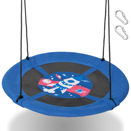 104 cm Saucer Tree Swing with 600D Oxford Fabric in blue with a rocket design and two carabiners