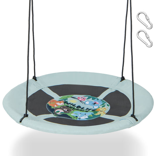 104 cm Saucer Tree Swing with 600D Oxford Fabric, a round green swing with a wildlife animal pattern in the centre