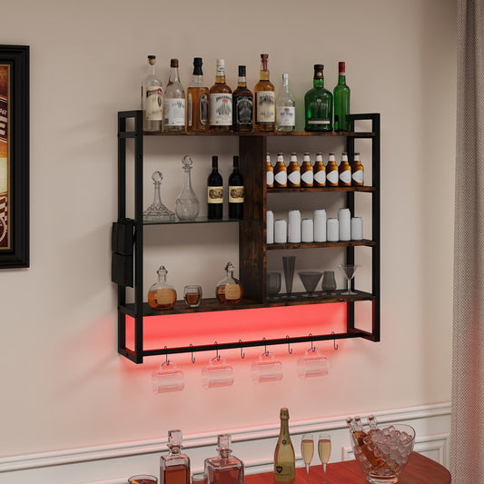 The gaming floating shelves are displayed as a home bar with bottles and glasses